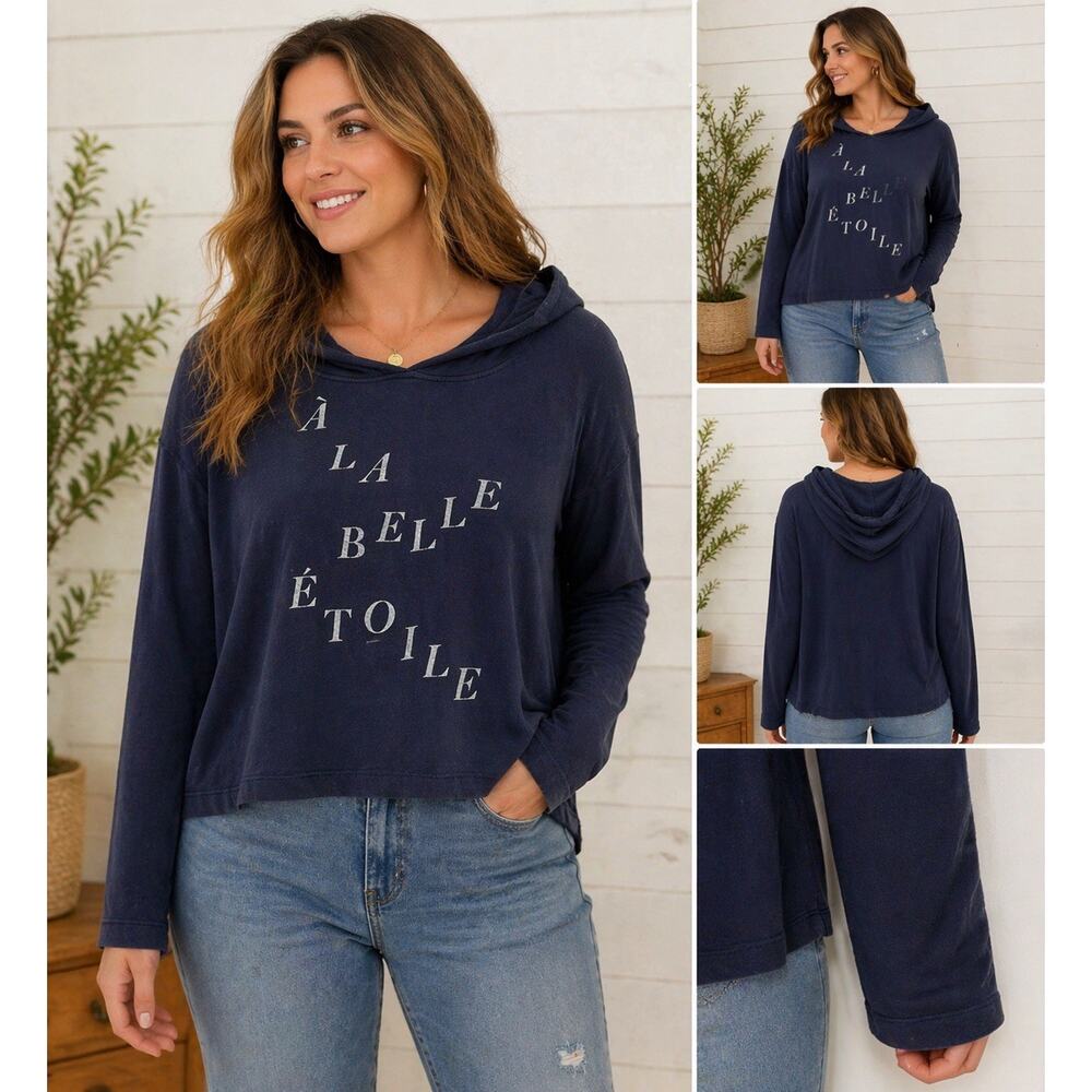 Anthropologie Navy Cropped Hoodie French Graphic “A La Belle Etoile” S